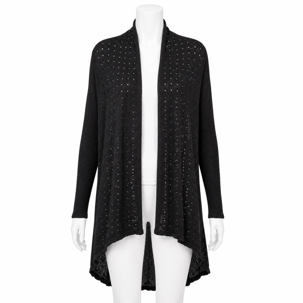 Vocal Duster Cardigan Medium Black Rhinestone Mesh Open High Low Long Sleeve